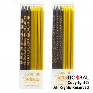 VELA 12 CM ORO Y NEGRO ESTAMPADO CON PORTAVELA x 12 UNIDADES