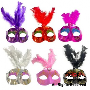 ANTIFAZ VENECIANO CON GIBRE Y PLUMAS COLORES SURTIDOS X 12