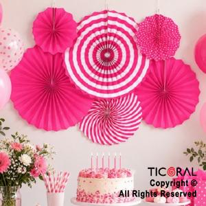 ADORNO GUIRNALDA ABANICO ROSETAS CARTULINA DISE�O ROSA KIT X 6 UNIDADES