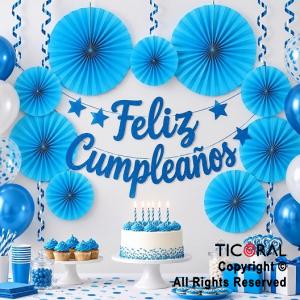 ADORNO GUIRNALDA ABANICO ROSETAS CARTULINA DISE�O CELESTE PLENO KIT X 6 UNIDADES