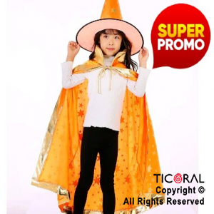 SET DE BRUJA Y MAGO SOMBRERO Y CAPA NARANJA CON ORO X 1