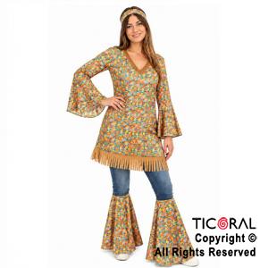 DISFRAZ HIPPIE MUJER VESTIDO Y POLAINAS ADULTO TALLE UNICO