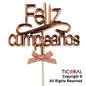 CAKE TOPPER FELIZ CUMPLEAOS COLOR ROSA GOLD CON PINCHE X 1