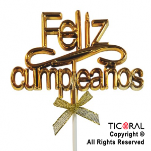 CAKE TOPPER FELIZ CUMPLEAOS COLOR ORO CON PINCHE X 1