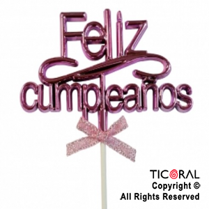 CAKE TOPPER FELIZ CUMPLEAOS COLOR ROSA CON PINCHE X 1