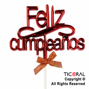 CAKE TOPPER FELIZ CUMPLEAOS COLOR ROJO CON PINCHE X 1
