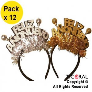 VINCHA FELIZ AO NUEVO PELOTITAS PLATA Y ORO x 12