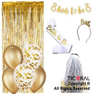 SET BRIDE TO BE VINCHA BANDA VELO GUIRNALDA CORTINA GLOBOS ORO  X 1