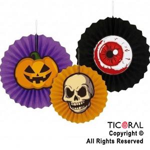 SET HALLOWEEN ROSETAS DE PAPEL CALABAZA, CALAVERA Y OJO X 3 UNIDADES