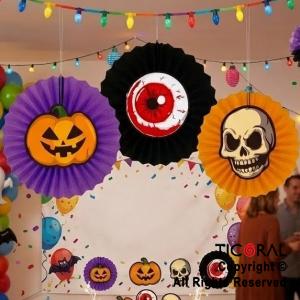 SET HALLOWEEN ROSETAS DE PAPEL CALABAZA, CALAVERA Y OJO X 3 UNIDADES