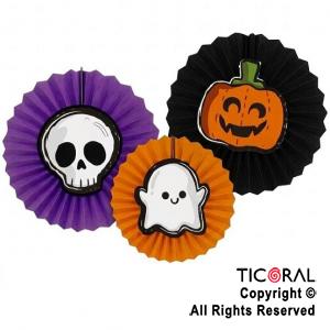 SET HALLOWEEN ROSETAS DE PAPEL CALAVERA FANTASMA Y CALABAZA X 3 UNIDADES