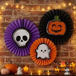SET HALLOWEEN ROSETAS DE PAPEL CALAVERA FANTASMA Y CALABAZA X 3 UNIDADES