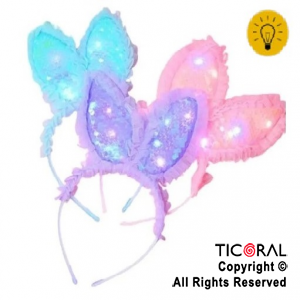 VINCHA OREJAS CONEJO LUMINOSA TUL Y LENTEJUELAS COLORES SURTIDOS X 12