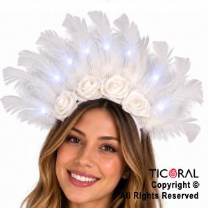VINCHA LUMINOSA FLORES Y PLUMAS BLANCO
