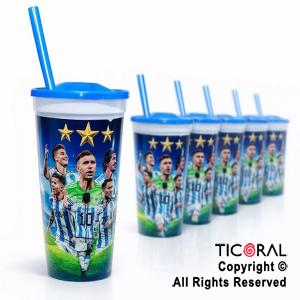 VASO DOMO CAMPEONES DEL MUNDO  CON TAPA  AZUL Y SORBETE 500 ML x 5
