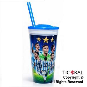 VASO DOMO CAMPEONES DEL MUNDO  CON TAPA  AZUL Y SORBETE 500 ML x 5