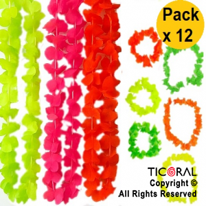 SET HAWAIANO FLORES FLUO VINCHA COLLAR Y PULSERAS COLORES SURTIDOS PACK X 12